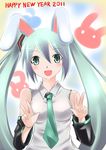  :d animal_ears aqua_eyes aqua_hair blue_hair bunny_ears catstudioinc_(punepuni) detached_sleeves green_eyes hatsune_miku long_hair necktie open_mouth smile solo twintails very_long_hair vocaloid 