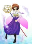  bad_id bad_pixiv_id boots brown_hair detached_sleeves e-n-o-k-i final_fantasy final_fantasy_x hakama heterochromia highres holding holding_wand japanese_clothes print_hakama purple_hakama solo staff wand yuna_(ff10) 