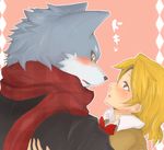  &#12393;&#12425;&#28988;&#12365; blonde_hair blush bow canine couple duo eye_contact female hair human japanese_text looking_at_each_other love male mammal scarf straight text unknown_artist wolf 