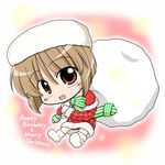  chibi fur_hat hagiwara_yukiho hat idolmaster idolmaster_(classic) open_mouth pantyhose ribbon sack santa_costume santa_hat smile solo wagomu17 