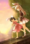  animal_ears barefoot black_hair bunny_ears closed_eyes inaba_tewi long_hair multiple_girls reisen_udongein_inaba short_hair smile sunset touhou white_hair yetworldview_kaze 