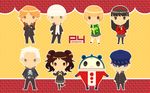  4girls :&lt; amagi_yukiko black_hair brown_hair cabbie_hat chibi hairband hanamura_yousuke hat jacket_on_shoulders kujikawa_rise kuma_(persona_4) multiple_boys multiple_girls narukami_yuu orange_hair pantyhose persona persona_4 reverse_trap saeuchobab satonaka_chie scar school_uniform shirogane_naoto skirt tatsumi_kanji thighhighs twintails white_hair 