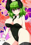  animal_ears between_breasts black_leotard breasts bunny_ears bunnysuit cleavage clothes_between_breasts covered_navel curvy fake_animal_ears green_hair highleg highleg_leotard huge_breasts kazami_yuuka leotard pink_eyes red_eyes sawa_(snack_yoshie) short_hair skindentation smile solo thighhighs touhou wide_hips 