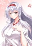  1girl artist_name blush breasts hachimaki hand_on_own_chest headband highres japanese_clothes jewelry kantai_collection kentan_(kingtaiki) kimono large_breasts long_hair looking_at_viewer red_headband ring shoukaku_(kantai_collection) silver_eyes smile solo upper_body wedding_band white_hair white_kimono 