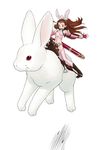  animal_ears brown_eyes brown_hair bunny bunny_ears costume fingerless_gloves gloves highres idolmaster idolmaster_(classic) long_hair minase_iori minigirl riding saddle solo sword thighhighs wata_do_chinkuru weapon 