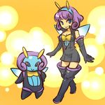  bare_shoulders blue_eyes boots breasts cleavage elbow_gloves gen_3_pokemon gloves hitec illumise medium_breasts moemon personification pokemon pokemon_(creature) popped_collar purple_hair smile thigh_boots thighhighs unzipped wings zettai_ryouiki 