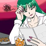  alternate_costume ashtray capcom cigarette darkstalkers demon_girl frustrated head_wings headwings lowres morrigan_aensland reading smoking succubus vampire_(game) 