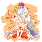  :d animal_ears blue_hair blush cat_ears closed_eyes fujiwara_no_mokou happy hug hug_from_behind kamishirasawa_keine kemonomimi_mode multiple_girls open_mouth pink_hair sitting smile touhou wariza yuri zawameki 