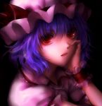  blue_hair face hand_on_own_cheek hand_on_own_face hat lips mr open_mouth purple_hair red_eyes remilia_scarlet short_hair solo touhou wrist_cuffs 