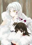  1girl age_difference black_eyes black_hair covering_mouth cuddling fur hexagon inuyasha lampnote17 long_hair one_side_up pointy_ears rin_(inuyasha) sesshoumaru slit_pupils white yellow_eyes 