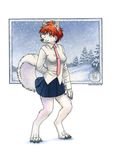  canine dog female husky kacey lina necktie orange_hair schoolgirl shirt skirt snow solo tail 