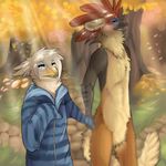  autumn avian beak black blue_eyes brown clothed couple drey female forest gryphon hoot hoot_(character) male naturally_censored nude open_mouth outside red_eyes sweater tree white 