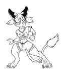  2006 action_pose black_and_white bulge claws clothed clothing fangs feline hair herm hybrid intersex lagomorph long_tail midriff monochrome priss rabbit shadowsmyst solo standing tail tail_tuft twin_tails 