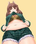  :3 animal_ears belly belly_poke bra breasts brown_eyes brown_hair cleavage eyebrows from_below highres kamisuki large_breasts lingerie long_hair midriff mouse_ears mouth_hold navel original plaid plump poking shirt_lift shorts solo underwear zipper 