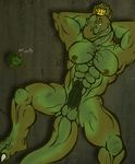  anthro balls biceps big_muscles big_penis claws crown digitigrade dinosaur erection fangs larathen looking_at_viewer male muscles nipple_piercing nipples pecs penis piercing pose presenting reptile royalty scalie solo vein veins 