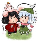  animal animal_on_head bad_id bad_pixiv_id beanie bunny bunny_on_head casual chibi hat heart highres inaba_tewi konpaku_youmu konpaku_youmu_(ghost) multiple_girls on_head onion_pikupiku scarf shimamura_youmu touhou uniqlo 