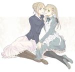  apron axis_powers_hetalia bad_id bad_pixiv_id blonde_hair boots france_(hetalia) genderswap genderswap_(mtf) green_eyes hair_bun hair_ornament hairclip multiple_girls pantyhose simple_background tsukumo317 twintails united_kingdom_(hetalia) 