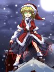  arm_warmers belt blonde_hair crowbar green_eyes hat kimagure_ringo mary_janes mizuhashi_parsee moon night pointy_ears rooftop sack santa_costume santa_hat scarf sharp_teeth shoes short_hair solo teeth touhou 