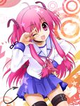  ;d ahoge angel_beats! belt colorized demon_tail fang hand_on_hip long_hair long_sleeves necktie one_eye_closed open_mouth pink_eyes pink_hair pleated_skirt sakura_neko school_uniform serafuku skirt smile solo tail two_side_up v_over_eye yui_(angel_beats!) 