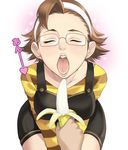  alicuu_girls_maximum:_bahamut bad_id bad_pixiv_id banana bangs breasts brown_hair closed_eyes food fruit glasses hairband heart holding holding_food holding_fruit maou_alba medium_breasts open_mouth original perspective purin-ko sexually_suggestive solo_focus striped tongue 