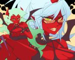  breasts choker cleavage demon_girl fang glasses green_eyes green_hair horns kneesocks_(psg) large_breasts mogiko multiple_girls panty_&amp;_stocking_with_garterbelt red_skin ringed_eyes scanty_(psg) siblings silver_hair sisters studded_bracelet 