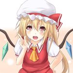  ascot blonde_hair flandre_scarlet hand_on_hip hat looking_at_viewer mob_cap open_mouth red_eyes saku_(kudrove) short_hair side_ponytail skirt skirt_set solo touhou upper_body wings 