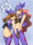  :d bandana breasts brown_hair cleavage cosplay groin haruka_(pokemon) holding holding_poke_ball izumi_(pokemon) izumi_(pokemon)_(cosplay) kuromiya medium_breasts midriff multiple_girls navel open_mouth poke_ball pokemon pokemon_(game) pokemon_rse red_eyes small_breasts smile tank_top team_aqua team_aqua_uniform torso_grab 