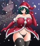  artist_request breasts character_request christmas curvy elbow_gloves gloves green_eyes green_hair hair_ornament hairclip hat hips huge_breasts pointing santa_costume santa_hat short_hair smile snow thick_thighs thighhighs thighs thong wide_hips wink 