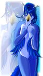  avian blue blue_eyes blue_hair bun covering_self female hair nude solo tinintri wings zoom_layer 