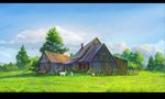  cloud day highres house no_humans original realistic scenery sheep sky tree 
