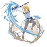  1boy :d arms_up axe blonde_hair blue_shirt brown_footwear eugeo full_body green_eyes grey_pants highres holding holding_axe leg_up looking_at_viewer male_focus official_art open_mouth pants shirt short_hair short_sleeves smile solo standing standing_on_one_leg sword_art_online transparent_background 