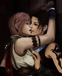  2girls against_wall breast_grab breasts clothed final_fantasy final_fantasy_xiii gloves grabbing kiss kissing lightning_farron lips multiple_girls oerba_yun_fang tattoo yuri 