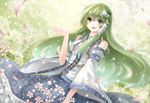  bare_shoulders detached_sleeves dutch_angle flower frog green_eyes green_hair hair_ornament happy jewelry kochiya_sanae long_hair necklace open_mouth outstretched_hand petals smile snake solo touhou vetina wide_sleeves 