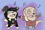  ? black_nose chelsea_chamberlain chibi clothing dancing drink female glass hair jacket jjiinx jjiinx_(character) karelian_bear male musical_note necklace pants party rabbit_wolf red_shirt sha_(character) singing syynx tail teal_eyes usb wings 