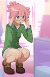  :o adjusting_eyewear blue_eyes blush character_name full_body glasses kyoudyu open_mouth pink pink_hair ponytail semi-rimless_eyewear shoes short_hair shorts simple_background solo squatting star_driver under-rim_eyewear you_mizuno 