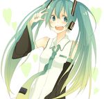  aqua_hair bad_id bad_pixiv_id blue_eyes blue_hair hair_ornament hatsune_miku long_hair mono_(recall) necktie smile solo twintails v vocaloid 