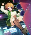  axanael boots brown_footwear brown_hair chair cross-laced_footwear drum game_cg high_heel_boots high_heels highres indoors instrument jacket knee_boots open_mouth purple_eyes short_hair sitting sitting_on_object solo tsuji_santa watanuki_fuuri 