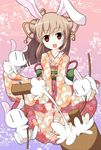  animal_ears bunny bunny_ears food fujy japanese_clothes kimono kine long_hair looking_at_viewer mallet mochi new_year original solo wagashi |_| 