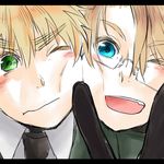  america_(hetalia) axis_powers_hetalia az0212 bad_id bad_pixiv_id blonde_hair blue_eyes glasses gloves highres letterboxed military military_uniform multiple_boys uniform united_kingdom_(hetalia) v 