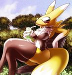  breasts canine chair digimon drink face_markings female fox nancher neck_ruff outside relaxing renamon solo stockings sunbathing sunglasses sweat tail trees underwear yellow 