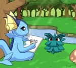  couple cute drawing forest grass notebook pencil pineco pok&eacute;mon river tree trees unknown_artist vaporeon water 