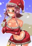  akiza_izinski bandeau blush breasts choker cleavage duplicate elbow_gloves garter_belt gloves hat izayoi_aki large_breasts midriff purple_hair red_hair sack santa_costume santa_hat short_hair skirt yellow_eyes yu-gi-oh! yugioh_5d&#039;s yuu-gi-ou_5d's 