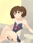  1girl ass bare_shoulders brown_eyes brown_hair co_botan cosplay couch grin highres kantai_collection looking_at_viewer necktie one-piece_swimsuit red_neckwear ryuujou_(kantai_collection) shigure_(kantai_collection) shigure_(kantai_collection)_(cosplay) sitting smile solo swimsuit twintails 