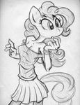  anthro anthrofied bracelet cleavage clothed clothing equine female fishnet friendship_is_magic horse jewelry king-cheetah mammal monochrome my_little_pony off_shoulder off_the_shoulder open_mouth pinkie_pie_(mlp) plain_background pony skirt solo traditional_media white_background 