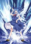  :d blue_eyes blue_hair bobby_socks bow cirno dress from_behind hair_bow hand_on_hip ice kitano_tomotoshi looking_back open_mouth petticoat short_hair smile socks solo standing touhou v-shaped_eyebrows waving wings 