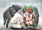  absurdres blouse blush bow box brown_hair cat closed_eyes hair_bow head_rest highres kneehighs long_hair mismatched_footwear mismatched_legwear rain reiuji_utsuho shinapuu skirt smile solo touhou very_long_hair wing_umbrella wings 