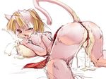  anime ass_up blonde_hair blush breasts butt crotch_rope cum cum_string female hair lactating looking_at_viewer looking_back messy nipples plain_background pussy shaolin_bones short_hair thong tongue tongue_out white_background wince yellow_eyes 