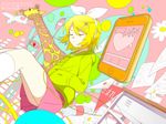  blonde_hair closed_eyes funamushi_nomore giraffe hood hoodie kagamine_rin kneehighs melancholic_(vocaloid) short_hair solo vocaloid 