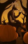  autumn cervine crossed_legs deer digital fall hooves horn horns invalid_tag kashe male mammal nude pipe pumpkin smoke solo tree trees wood 