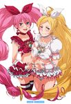  asymmetrical_docking bad_id bad_pixiv_id blonde_hair bow breast_press breasts brooch choker copyright_name cure_melody cure_rhythm eyelashes heart heart_hands heart_hands_duo houjou_hibiki jaga_note jewelry long_hair magical_girl medium_breasts midriff minamino_kanade multiple_girls pink_bow precure red_choker ribbon skirt suite_precure thighhighs twintails underboob white_background white_choker white_skirt 
